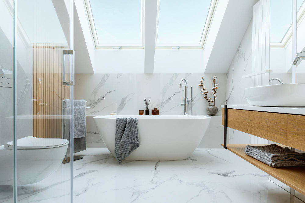 Animage of a beautiful elegant bathroom after undergoing bathroom repair services.